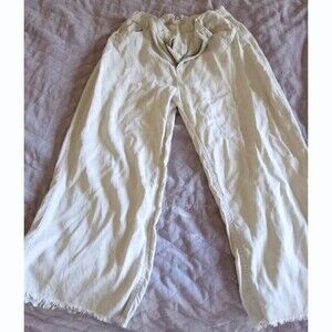 Desigual Tan Wide Leg crop gaucho pants raw hem embroidered pocket chino L EU 44